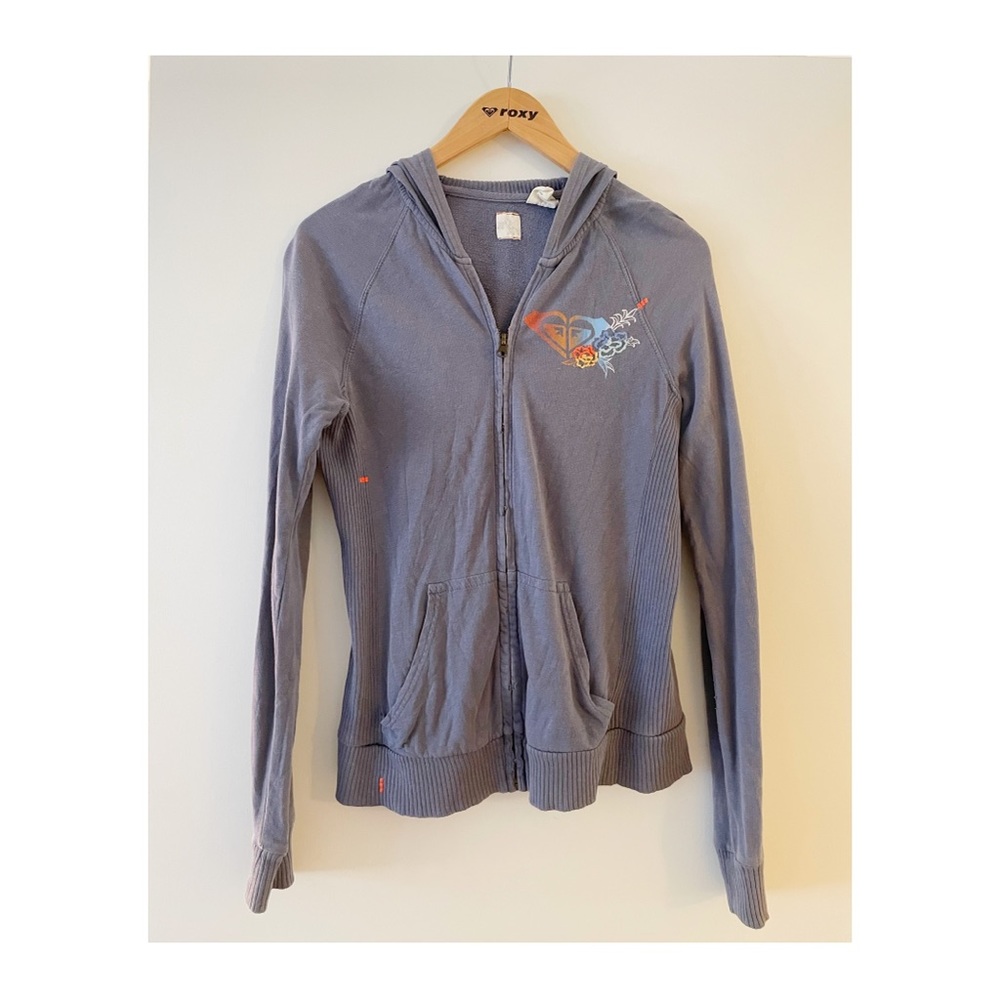 “Vintage” Roxy blue zip up hoodie sweatshirt with floral decorative back medium